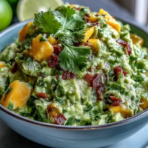 Vibrant Cinco de Mayo guacamole with ripe avocado, sweet mango, and spicy jalapeño, served with crispy tortilla chips.