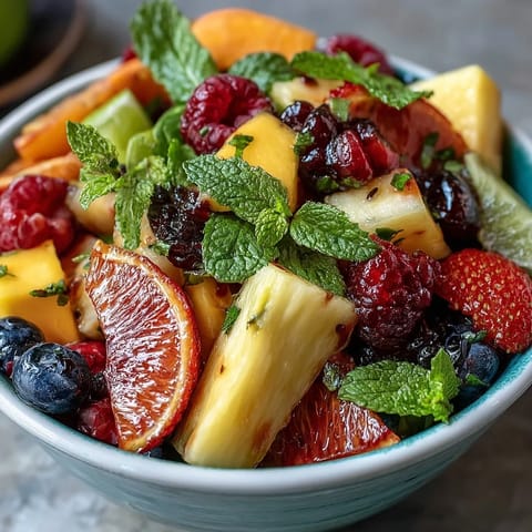 Tropical mango and pineapple fruit platter with kiwi, papaya, and berries arranged for a colorful party centerpiece.  