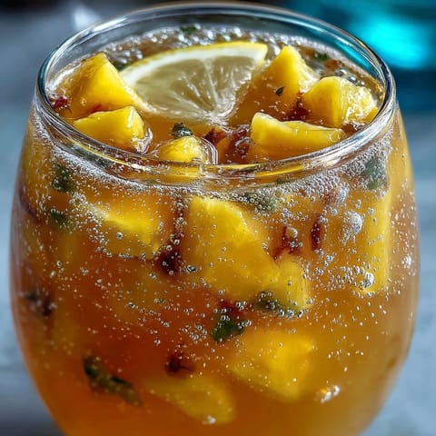 A vibrant glass of mango pineapple sparkling lemonade, garnished with fresh fruit slices and mint leaves.