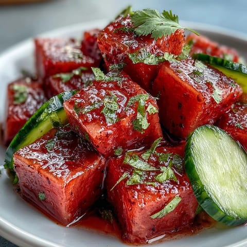 A colorful bowl of watermelon cucumber salad with Tajin and lime, bursting with fresh summer flavors and vibrant colors.