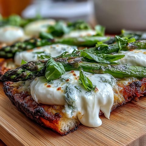 Roasted asparagus flatbread topped with creamy burrata, fresh lemon zest, and basil for a vibrant spring appetizer.  