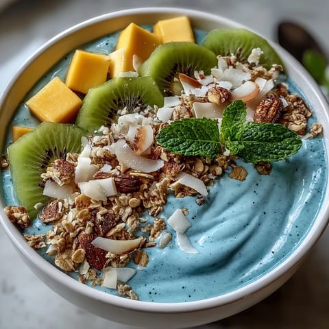Vibrant blue spirulina smoothie bowl topped with colorful tropical fruits for breakfast.