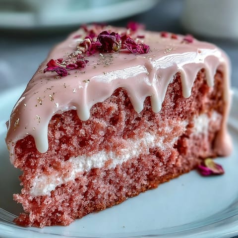 Ethereal Bridal Shower Rosé Velvet Cake with shimmering gold drip.