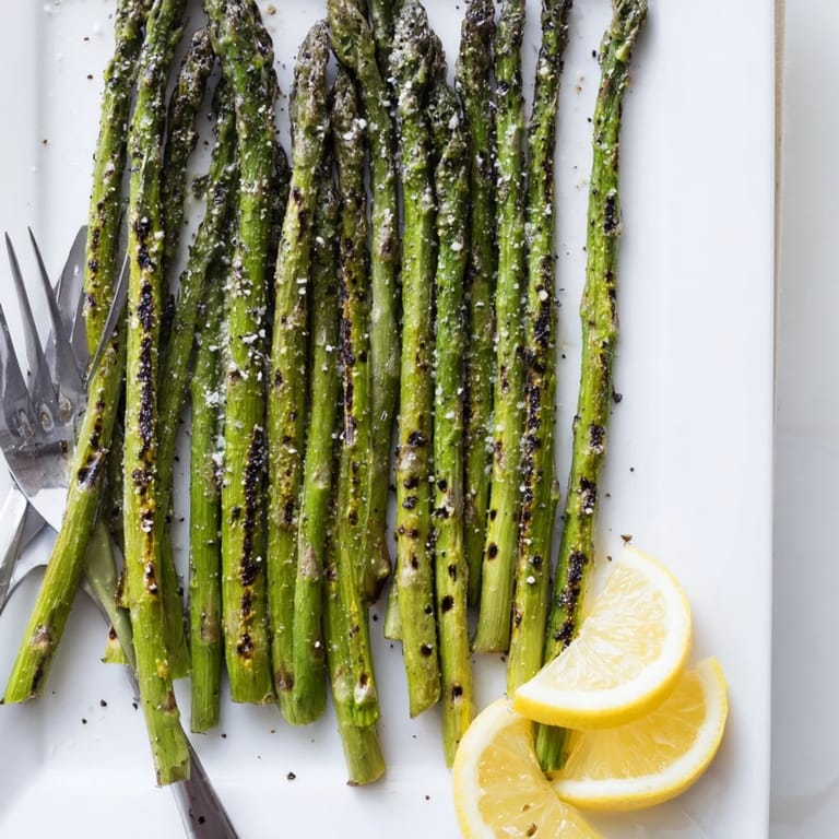 Freshly grilled asparagus tossed in olive oil, served hot as a perfect side.