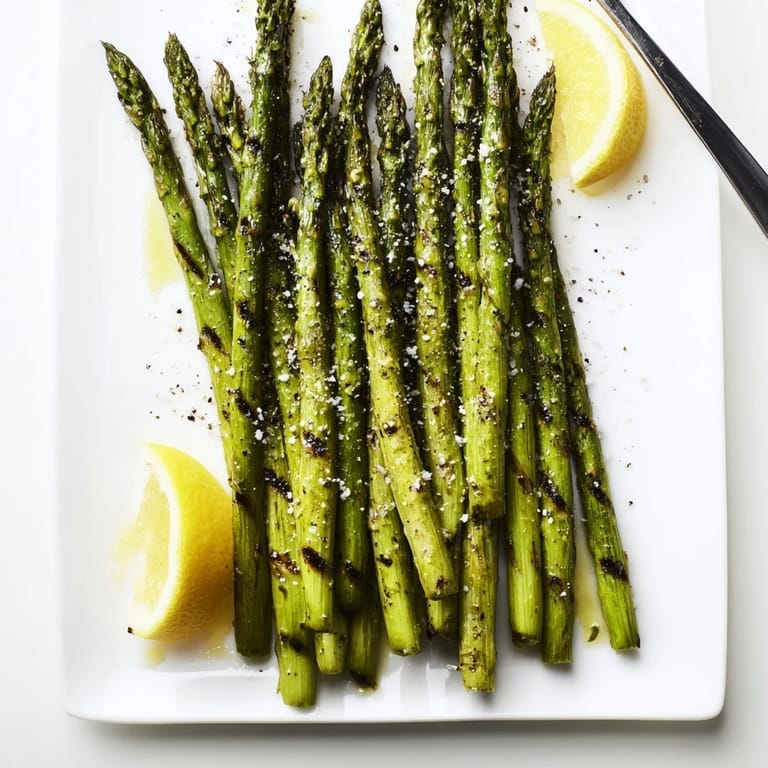 Tender charred asparagus spears garnished with lemon wedges, ready to eat.