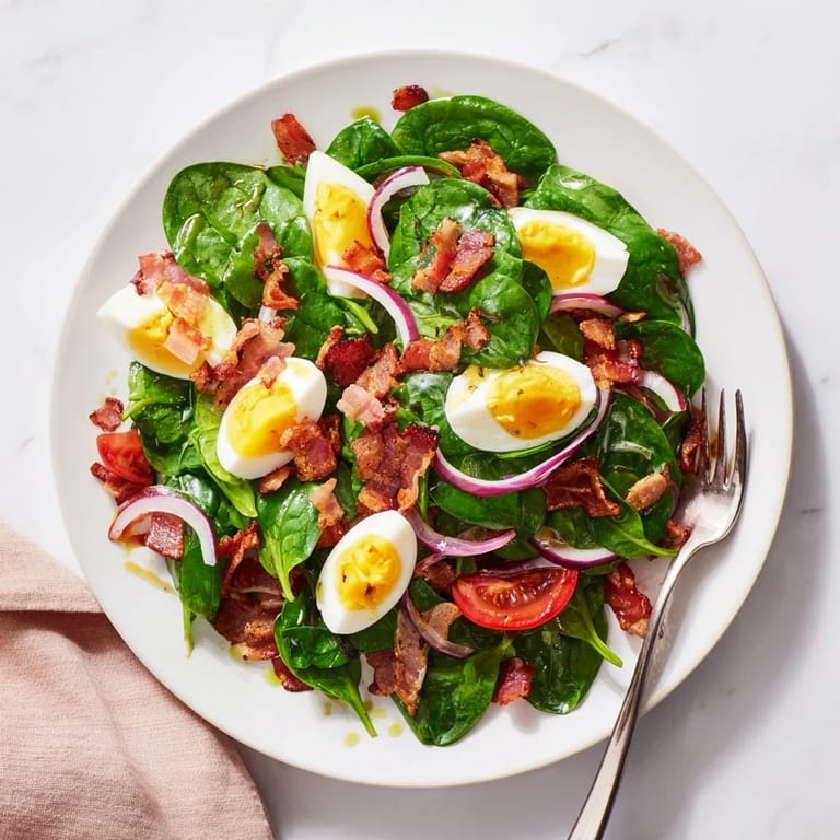 A serving bowl of Spinach Salad with Bacon, featuring baby spinach, halved cherry tomatoes, and red onion slices tossed in a homemade vinaigrette.