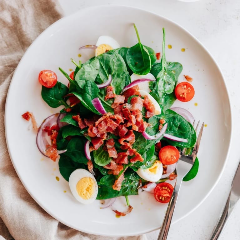 Overhead view of Spinach Salad with Bacon, highlighting crumbled bacon and sliced boiled eggs on fresh greens, ready for a light lunch or dinner.