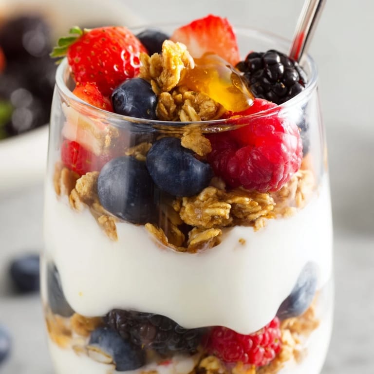 Overhead view of a Berry Parfait topped with mixed berries, ready to serve for a healthy breakfast.
