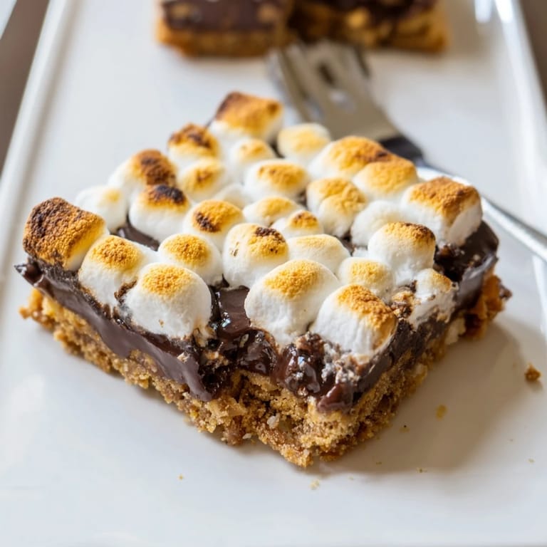 A close-up of layered Smores Bars, showing gooey melted chocolate and toasted marshmallows.