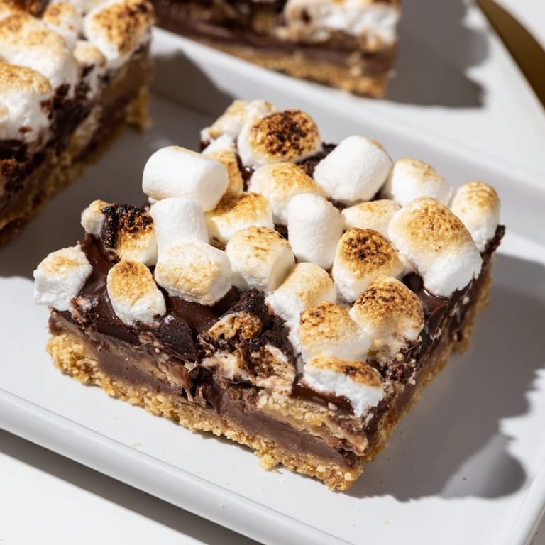 Ready-to-serve Smores Bars, sliced into squares on a rustic wooden board with graham crumbs.