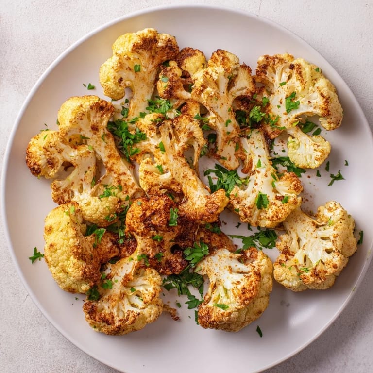 Freshly roasted cauliflower florets with golden caramelized edges topped with lemon juice and parsley.