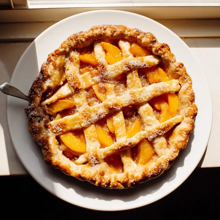 Freshly baked Peach Pie with cinnamon-spiced peaches served on a checkered picnic blanket outdoors.