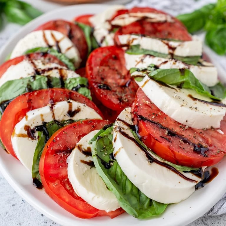 Close-up of Caprese Salad ingredients: ripe tomatoes, fresh basil leaves, and mozzarella, lightly seasoned with sea salt and pepper.