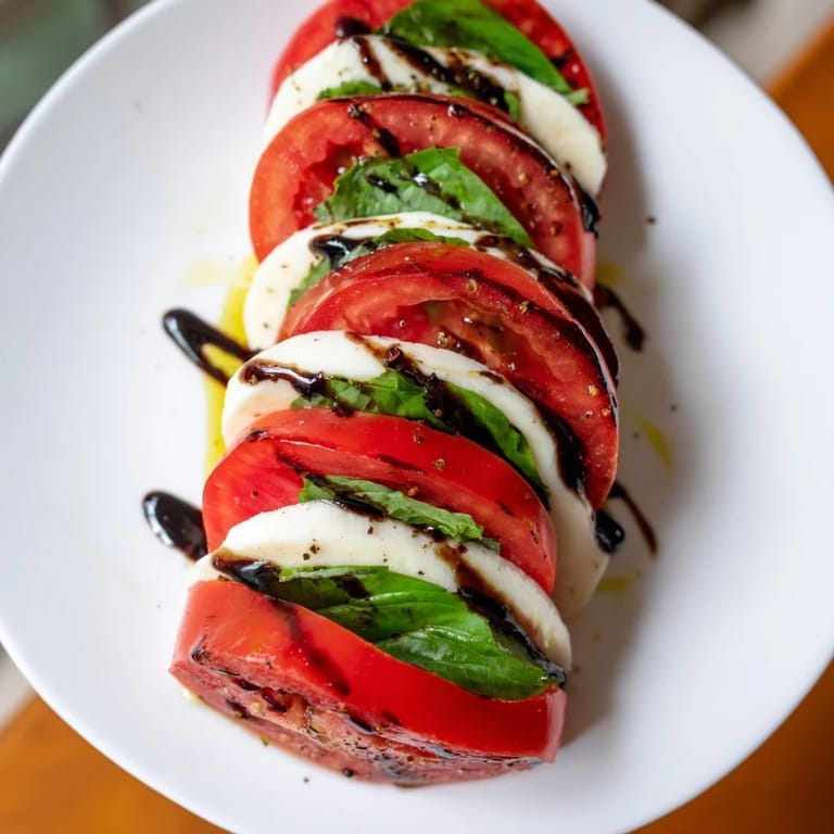 Caprese Salad plated as an Italian-American side dish, garnished with basil and drizzled balsamic glaze, ready to serve.