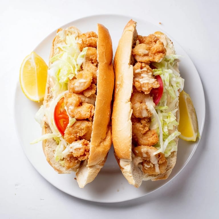 Homemade Shrimp Po Boy served on a soft roll with juicy tomatoes, crisp lettuce, and crunchy fried shrimp ready to enjoy.