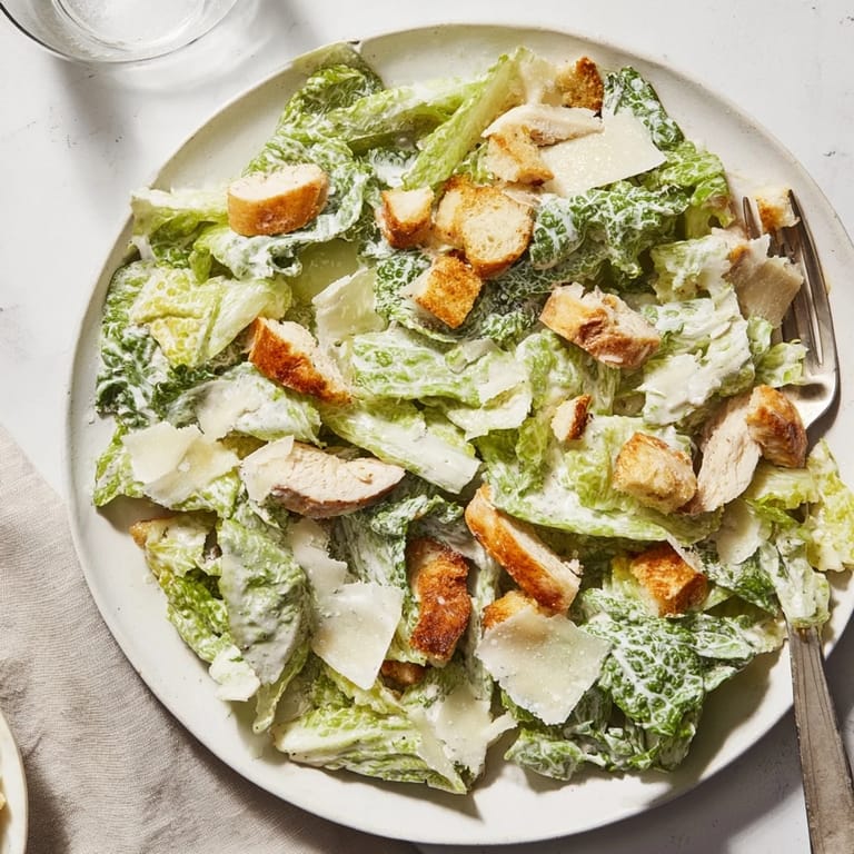 A plated Chicken Caesar Salad featuring tender grilled chicken over crisp romaine, creamy dressing, croutons, and shaved Parmesan cheese.
