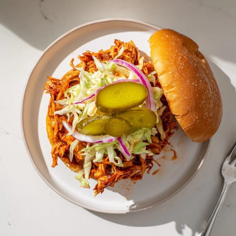 Juicy BBQ Chicken Sandwich stacked with pickles and onions, ready to serve with golden fries.