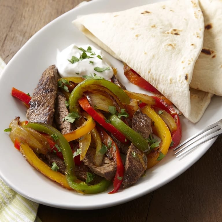 Colorful steak fajitas topped with fresh cilantro and avocado, ready to serve at a festive dinner.