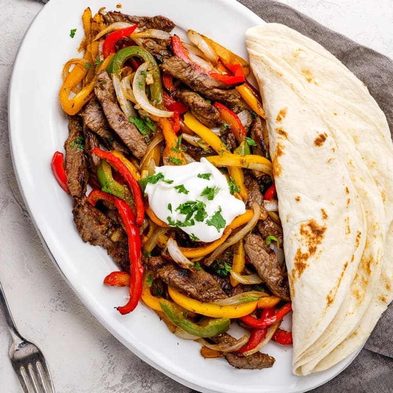 Homemade steak fajitas with seared beef strips and charred vegetables on a skillet beside lime wedges.
