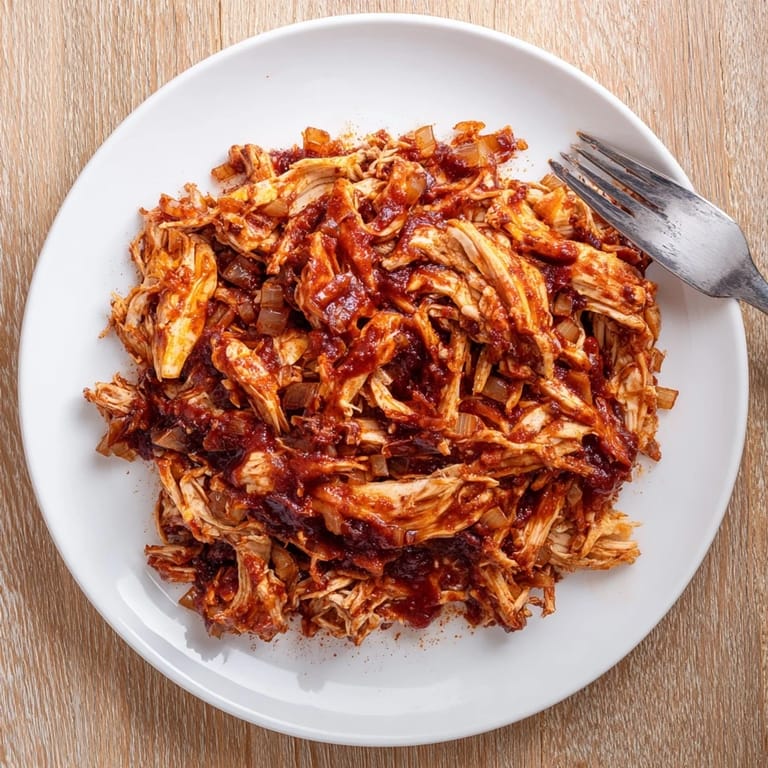 Shredded BBQ Pulled Chicken served on a soft bun topped with pickles and slaw.