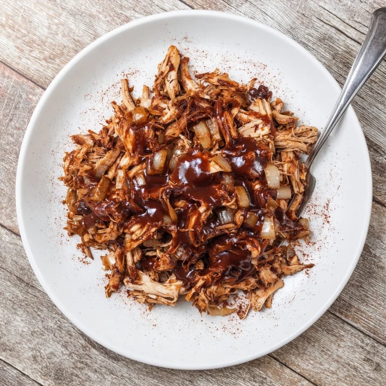 Tender BBQ Pulled Chicken in a bowl, garnished with parsley and ready to serve.