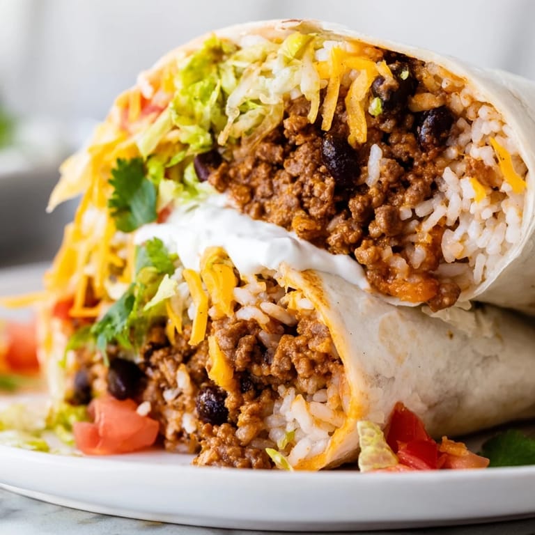 A freshly rolled Beef Burrito cut in half, showing layers of seasoned ground beef, fluffy rice, and melted cheese.