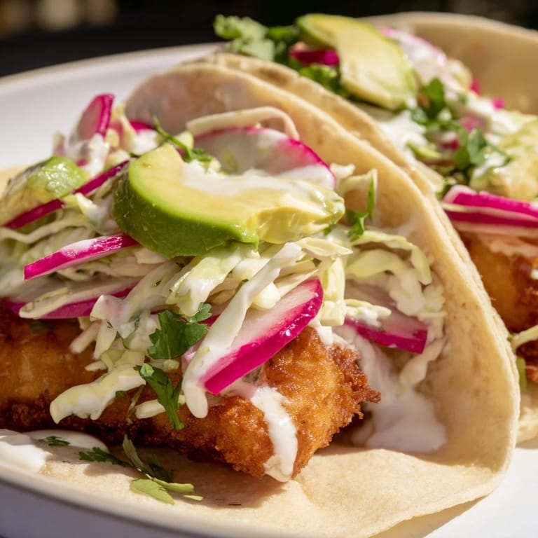 Homemade Baja Fish Tacos with crunchy cabbage slaw and zesty creamy lime drizzle.