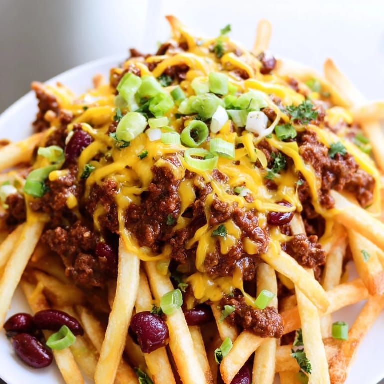 Sizzling Chili Cheese Fries fresh from the oven, with bubbly cheese and a dollop of sour cream on the side.
