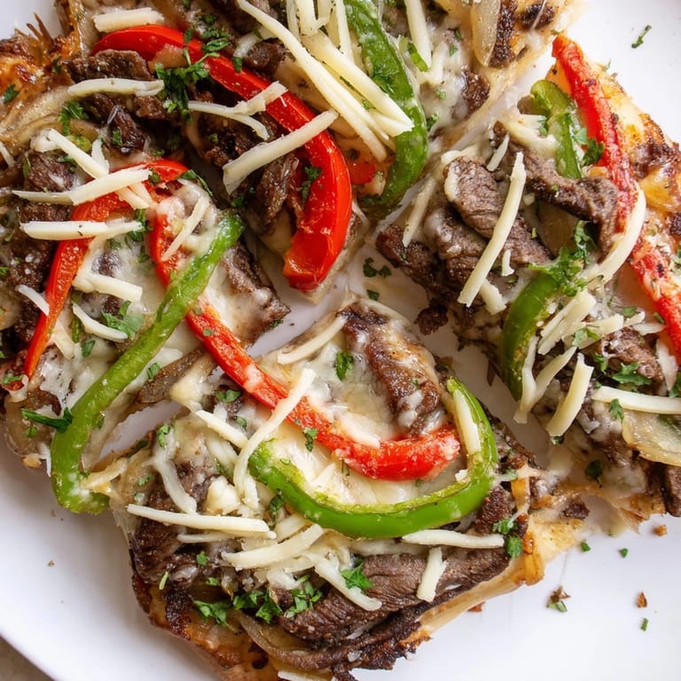 Sizzling steak and peppers are piled high on a golden crust, ready for a hearty Philly Cheesesteak Pizza dinner.