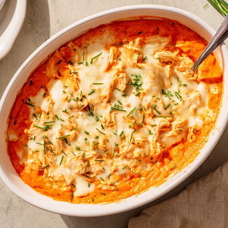 Golden, cheesy Buffalo Chicken Dip baked in a dish, topped with chopped chives.
