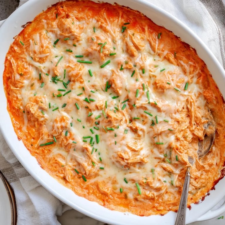 Creamy Buffalo Chicken Dip garnished with green onions and served alongside crunchy tortilla chips.