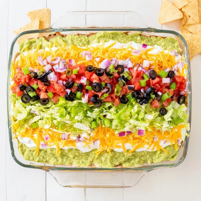 Freshly made Seven-Layer Dip with olives, salsa, and green onions, perfect with crunchy tortilla chips.