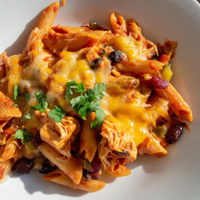 Spicy Chicken Enchilada Pasta in a skillet with bell peppers, black beans, and a rich red enchilada sauce.