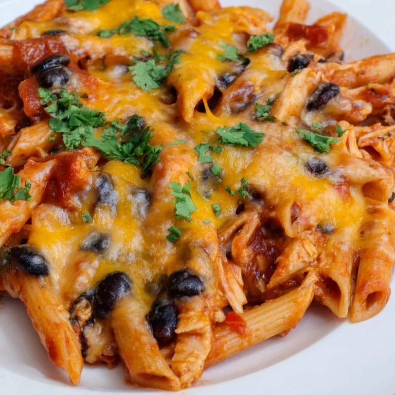 Hearty Chicken Enchilada Pasta served with diced avocado and sour cream, perfect for a family Tex-Mex dinner.