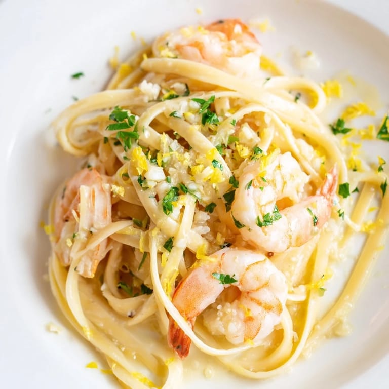 Steam rises from the skillet as the garlic butter shrimp linguine is tossed for a simple yet elegant dinner.