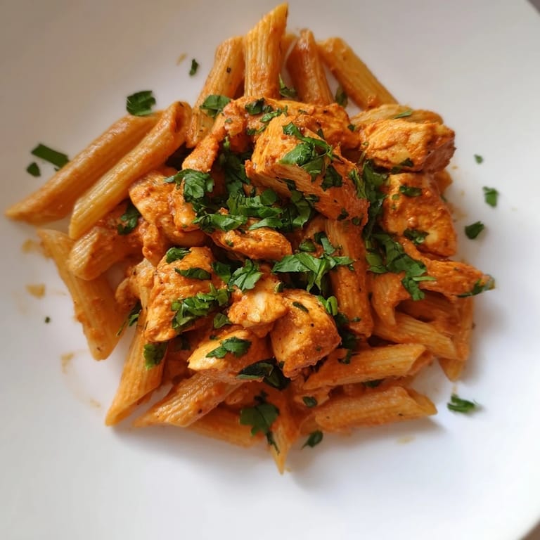 Spiced Chicken Tikka Pasta served hot on a white plate, featuring saucy penne noodles and juicy chicken tikka pieces, ideal for a weeknight dinner.