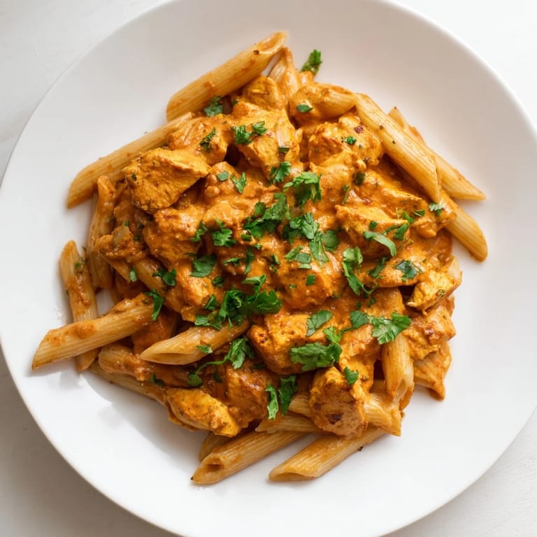 A close-up of Chicken Tikka Pasta showing creamy tomato sauce coating every penne noodle and charred chicken, ready to be enjoyed with garlic naan.