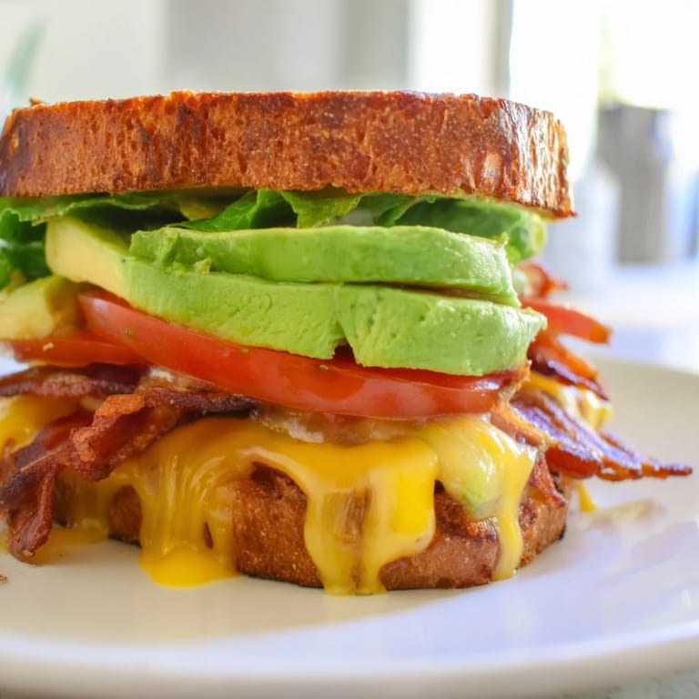Sizzling Avocado BLT Grilled Cheese cooking in a skillet, bacon crispy and bread buttery golden.