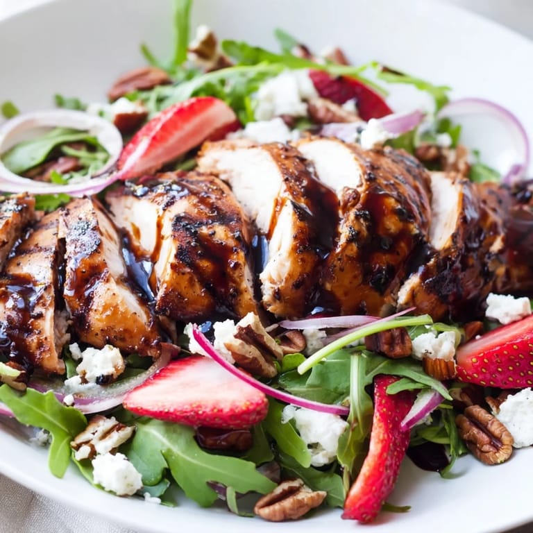 Sliced strawberries and creamy goat cheese garnish this hearty honey balsamic chicken salad, served on a white plate ready for a delicious lunch.