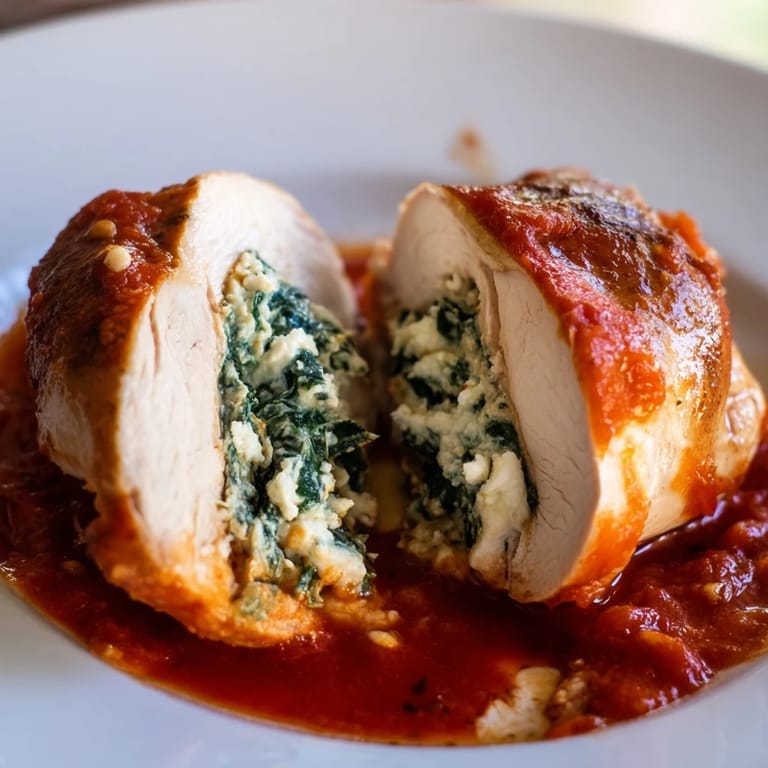 Sliced spinach ricotta stuffed chicken revealing creamy filling and tangy sauce, ideal for serving over pasta or with crusty bread.