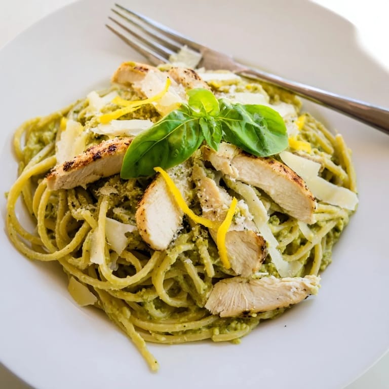A close-up of creamy avocado chicken pasta, featuring silky green sauce coating spaghetti and tender grilled chicken pieces.  