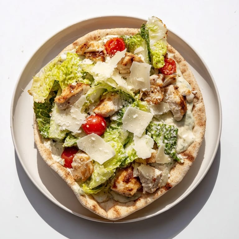 Crispy Chicken Caesar Pita, stuffed with air-fried chicken, shaved Parmesan, and crisp romaine, served with a lemon wedge for a zesty finish.  