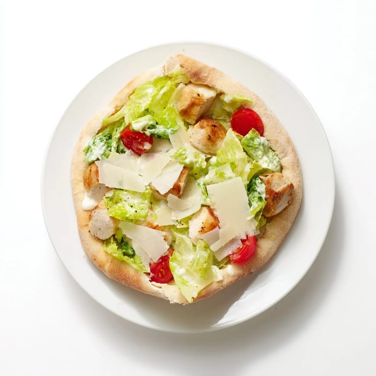 A handheld meal featuring golden air-fried chicken, cool Caesar salad, and warm pita bread, ready to enjoy as a satisfying main dish.
