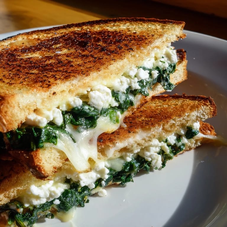 Rustic sourdough Feta & Spinach Stuffed Grilled Cheese served warm beside a bowl of creamy tomato soup.