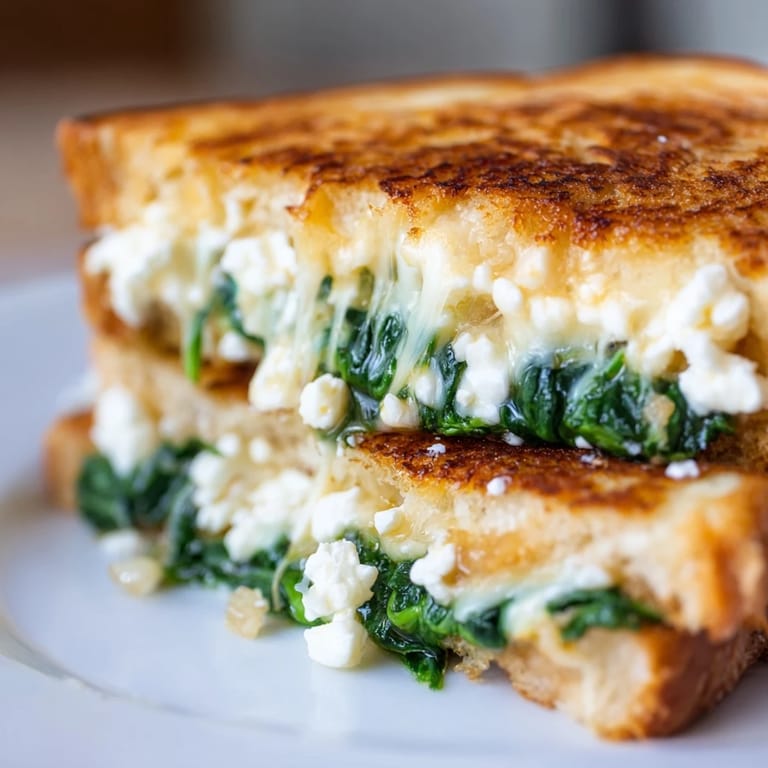 A close-up of a toasted Feta & Spinach Stuffed Grilled Cheese sandwich sliced to reveal the savory filling.