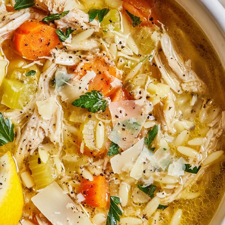 A spoon dipping into a savory bowl of Lemon Pepper Chicken Orzo Soup with tender shredded chicken.