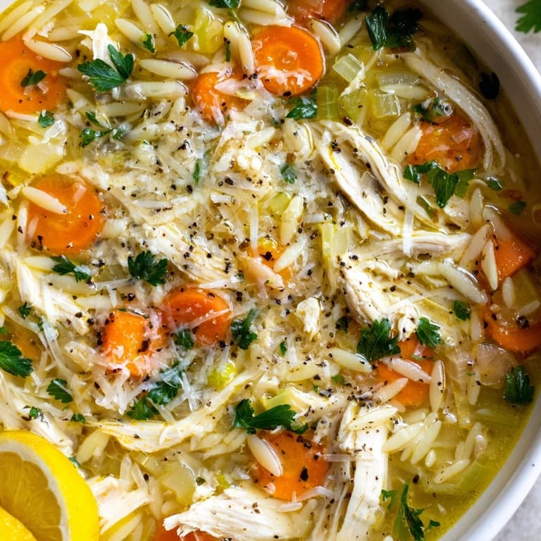 Bright serving suggestion of Lemon Pepper Chicken Orzo Soup alongside crusty artisan bread for dipping.