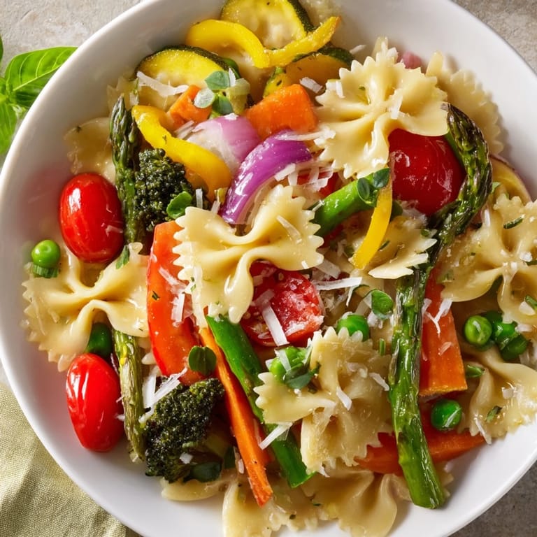 This vegetarian Rainbow Veggie Pasta Primavera dish features bow-tie noodles, fresh basil, and a squeeze of lemon.