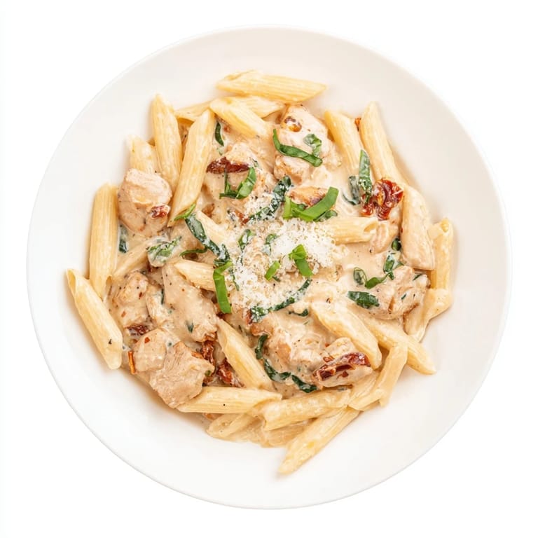 Enjoy Creamy Sun-Dried Tomato Chicken Pasta served warm with extra Parmesan, a swirl of cream, and sun-dried tomatoes in every bite.