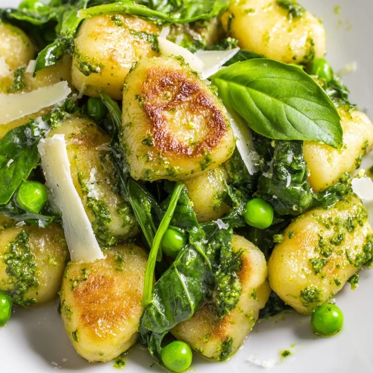 Steaming Pesto Pea Gnocchi Skillet garnished with fresh basil and a sprinkle of Parmesan cheese.  